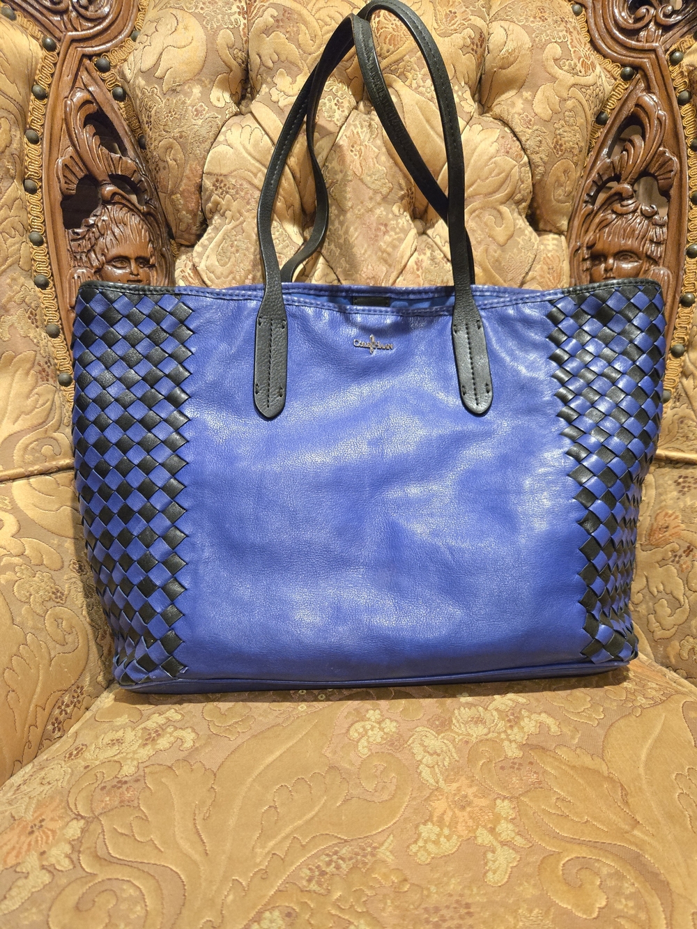 Cole Haan Blue Leather Tote with Black Woven Accents